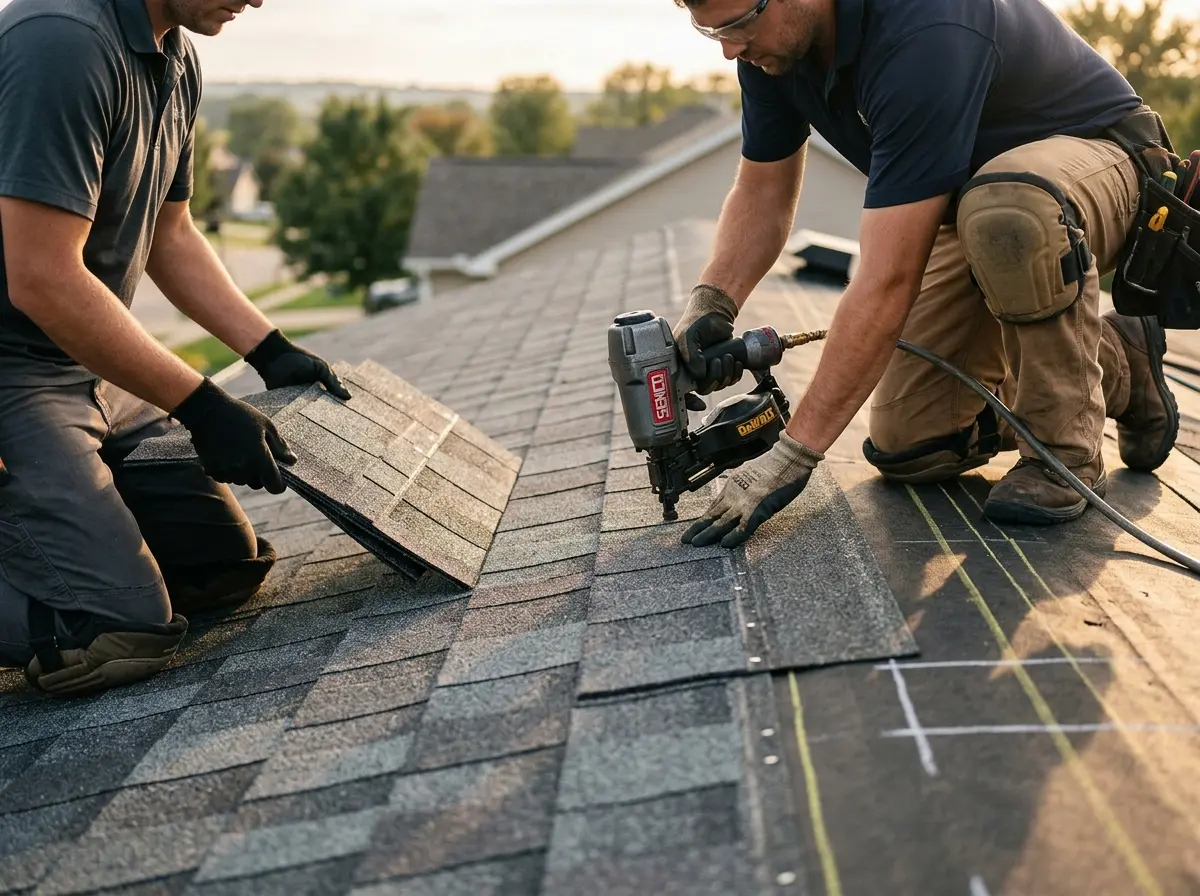 Professional roofer working on a residential roof in Fort Gratiot